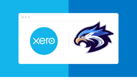 Split-screen graphic featuring logos of Xero and Melio. On the left, a bright blue background displays the Xero logo in white lowercase text within a circle. On the right, a deeper blue background features the Melio logo in vibrant purple lowercase text with a downward-pointing caret below the “o.” Both logos appear inside a stylized browser window centered over the background, symbolizing a digital integration or partnership.